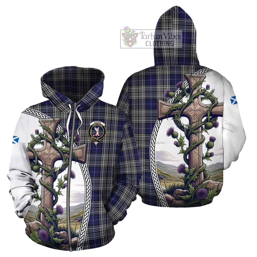 Tartan Vibes Clothing Napier Tartan Cotton Hoodie with Family Crest and St. Andrew's Cross Accented by Thistle Vines
