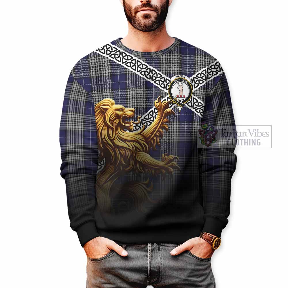 Tartan Vibes Clothing Napier Crest Tartan Sweatshirt with Golden Lion Emblem Celtic Style