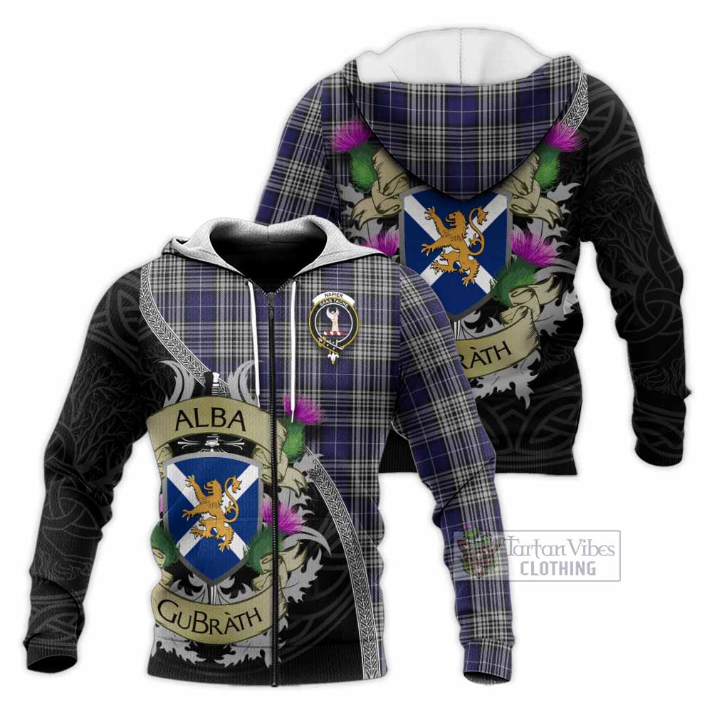 Tartan Vibes Clothing Napier Tartan Family Crest Knitted Hoodie Lion Rampant Royal Thistle Shield Celtic Inspired