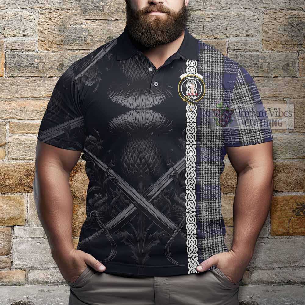 Tartan Vibes Clothing Napier Tartan Polo Shirt with Family Crest Cross Sword Thistle Celtic Vibes
