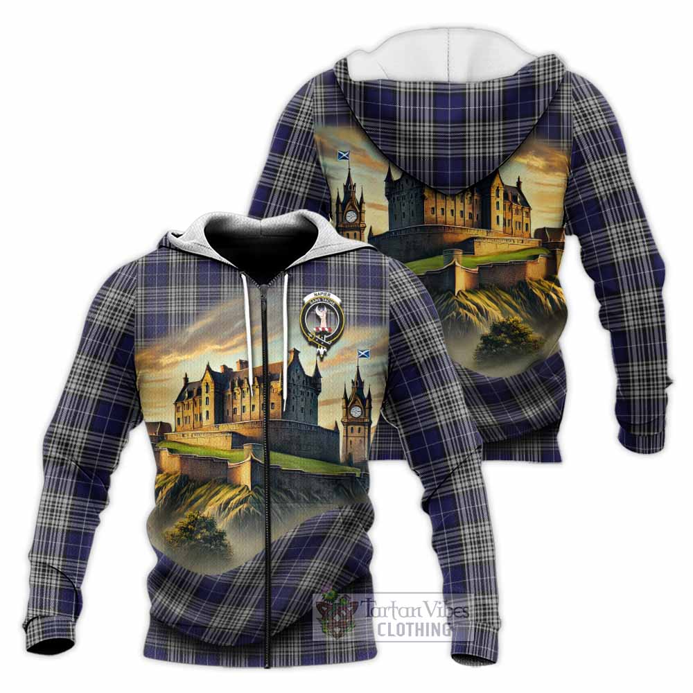 Tartan Vibes Clothing Napier Tartan Family Crest Knitted Hoodie with Scottish Ancient Castle Style