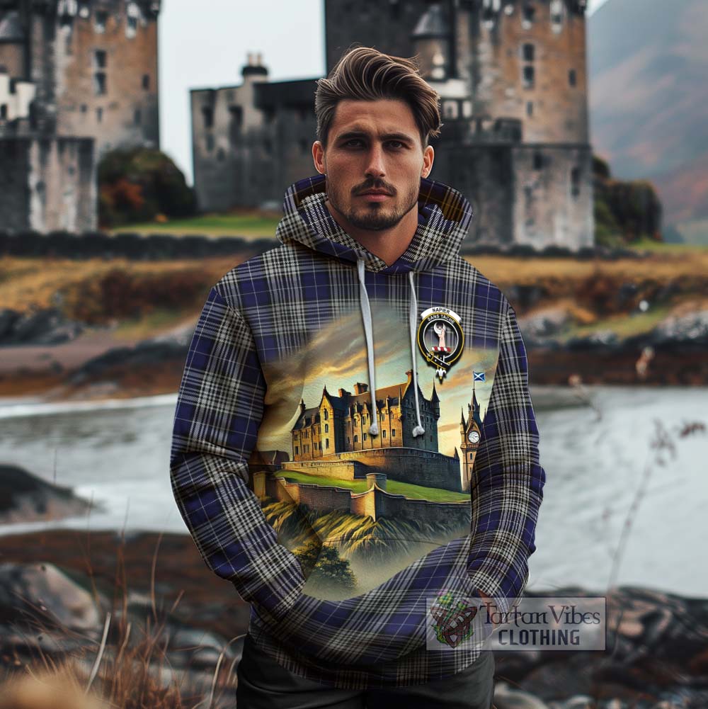 Tartan Vibes Clothing Napier Tartan Family Crest Cotton Hoodie with Scottish Ancient Castle Style