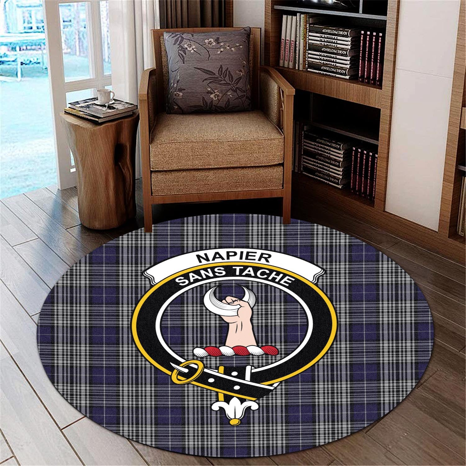 napier-tartan-round-rug-with-family-crest