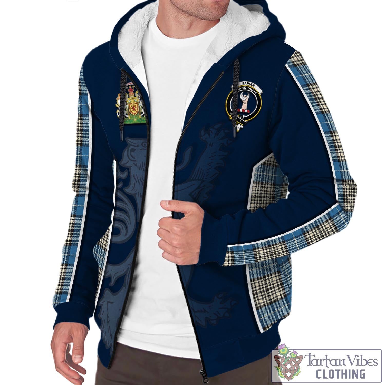 Tartan Vibes Clothing Napier Ancient Tartan Sherpa Hoodie with Family Crest and Lion Rampant Vibes Sport Style