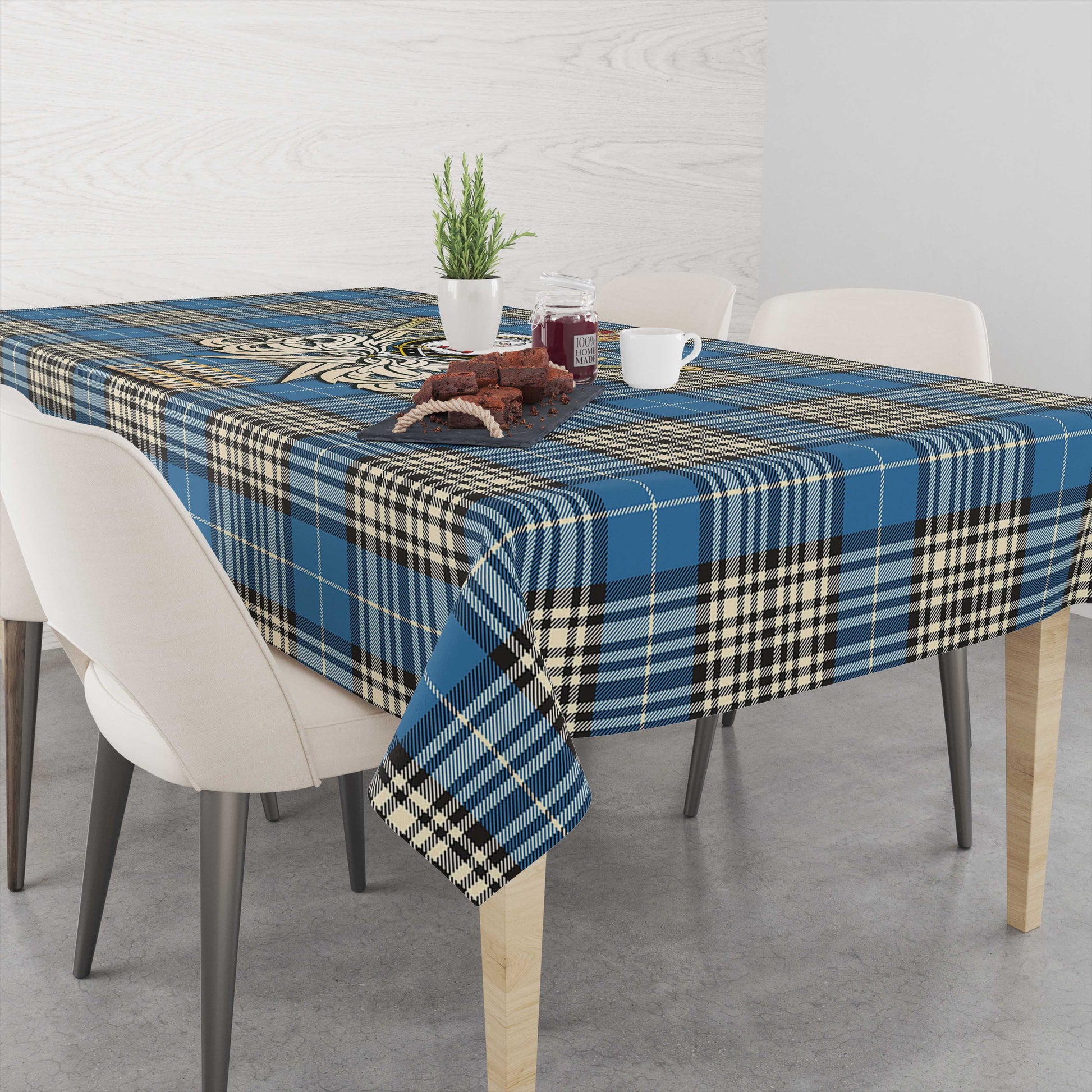 Tartan Vibes Clothing Napier Ancient Tartan Tablecloth with Clan Crest and the Golden Sword of Courageous Legacy