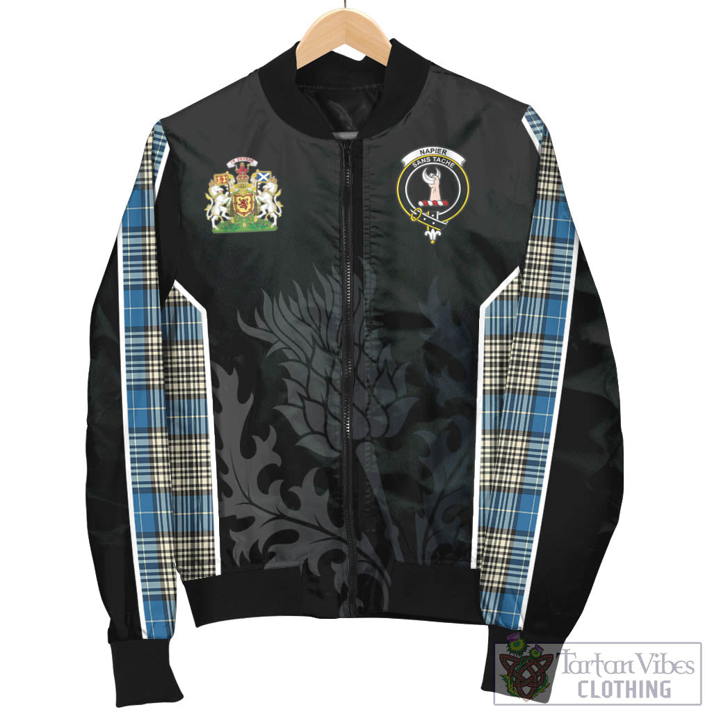 Tartan Vibes Clothing Napier Ancient Tartan Bomber Jacket with Family Crest and Scottish Thistle Vibes Sport Style