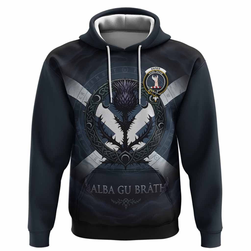 Napier Clan Crest Hoodie with Celtic Knot Thistle and Saltire