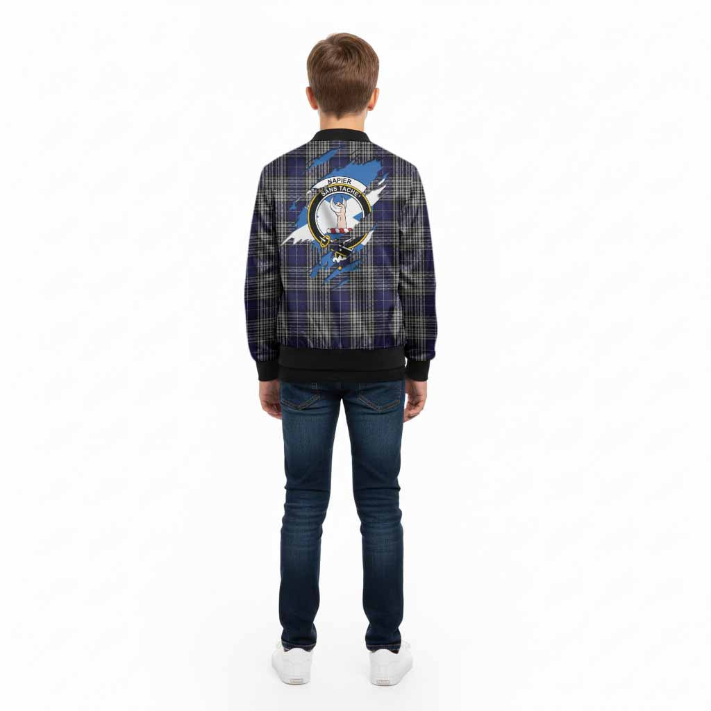 Napier Clan Crest In Me Tartan Kid Bomber Jacket Scotland Flag Style