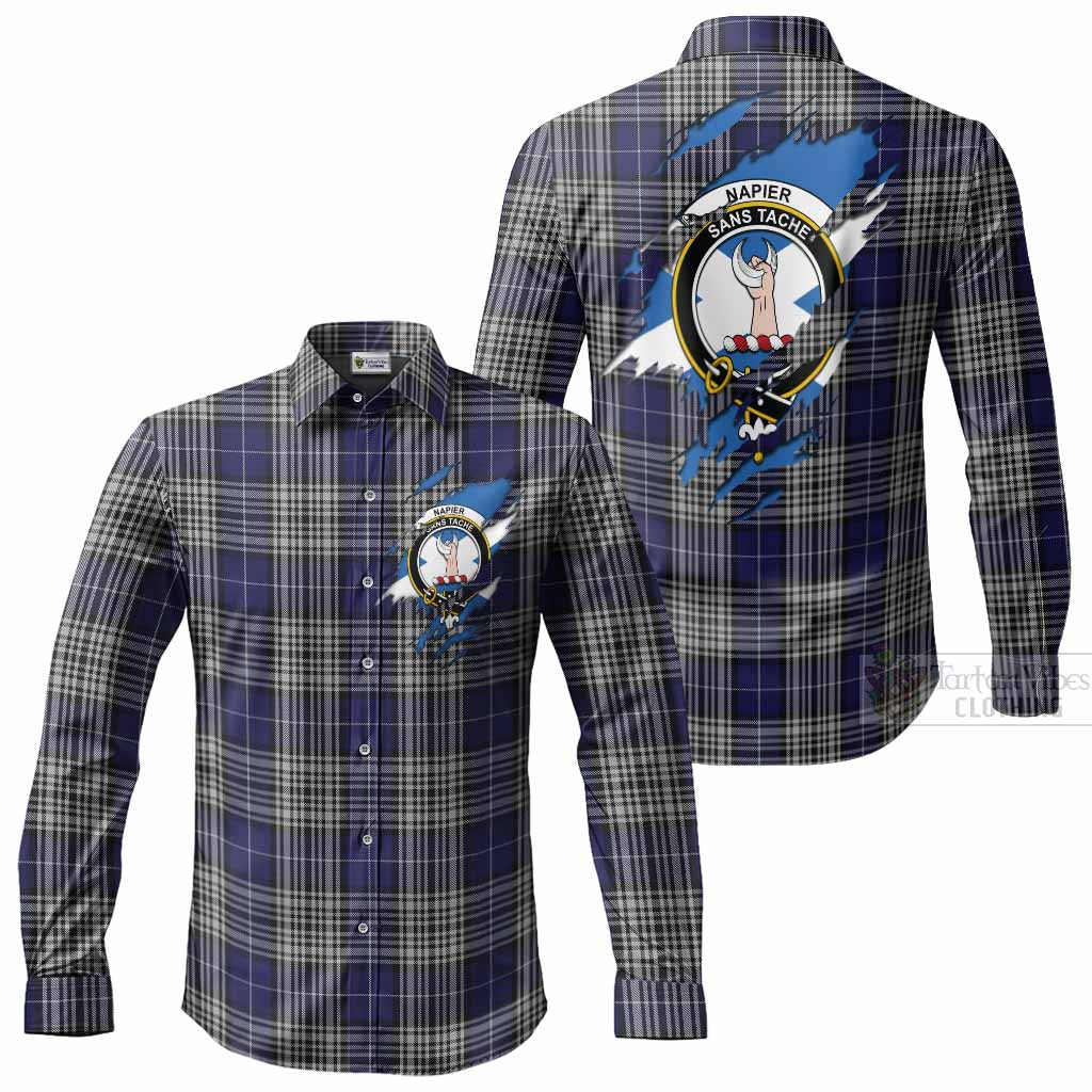 Napier Clan Crest In Me Tartan Long Sleeve Button Shirts Scotland Flag Style