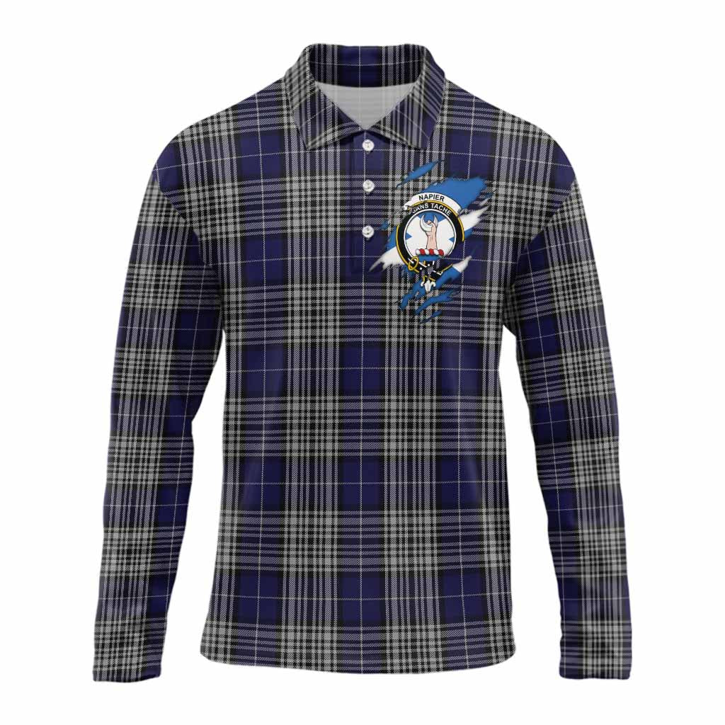 Napier Clan Crest In Me Tartan Long Sleeve Polo Shirt Scotland Flag Style