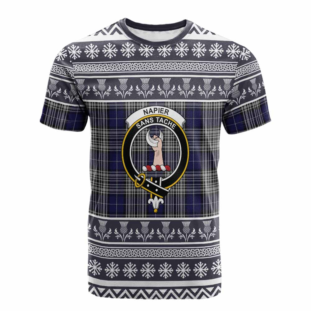Napier Clan Tartan Christmas Cotton T-shirt with Family Crest - Tartan Vibes Clothing