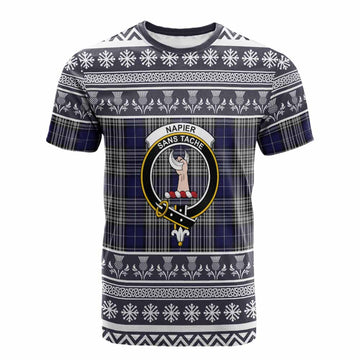 Napier Clan Tartan Christmas Cotton T-shirt with Family Crest