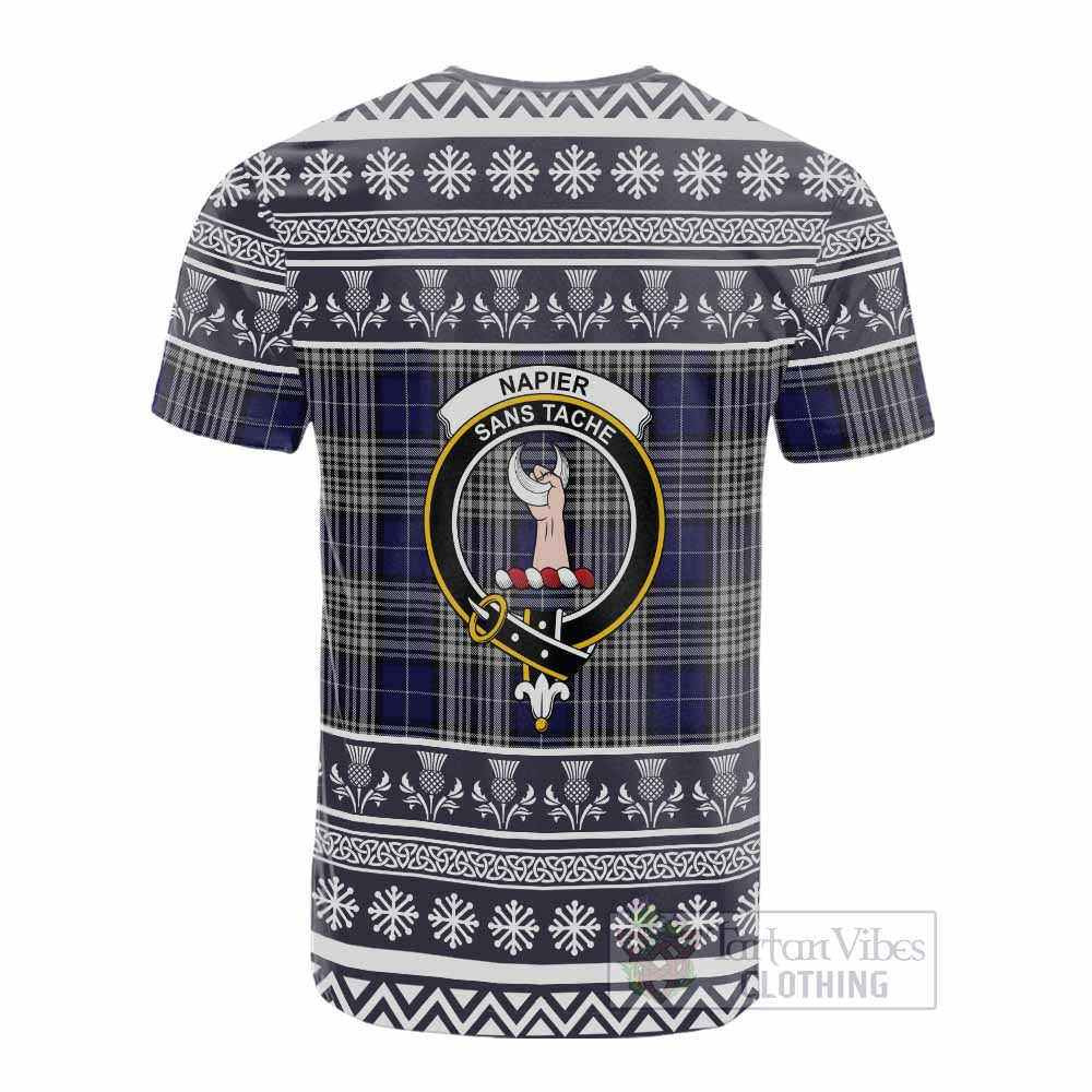 Napier Clan Tartan Christmas Cotton T-shirt with Family Crest - Tartan Vibes Clothing