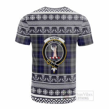 Napier Clan Tartan Christmas Cotton T-shirt with Family Crest