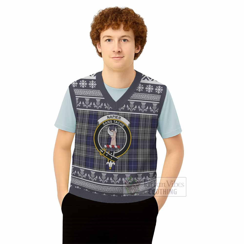 Napier Clan Tartan Christmas Knitted V-Neck Vest with Family Crest - Tartan Vibes Clothing