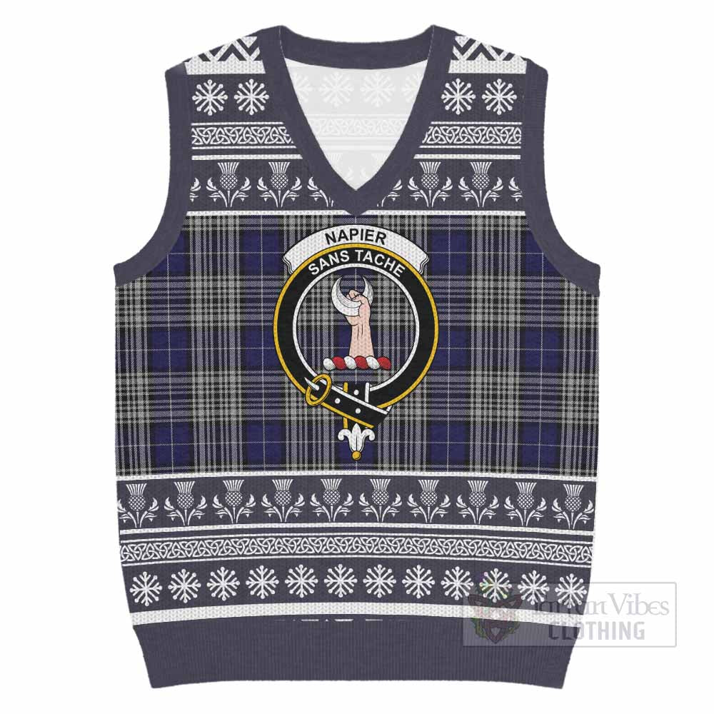 Napier Clan Tartan Christmas Knitted V-Neck Vest with Family Crest - Tartan Vibes Clothing