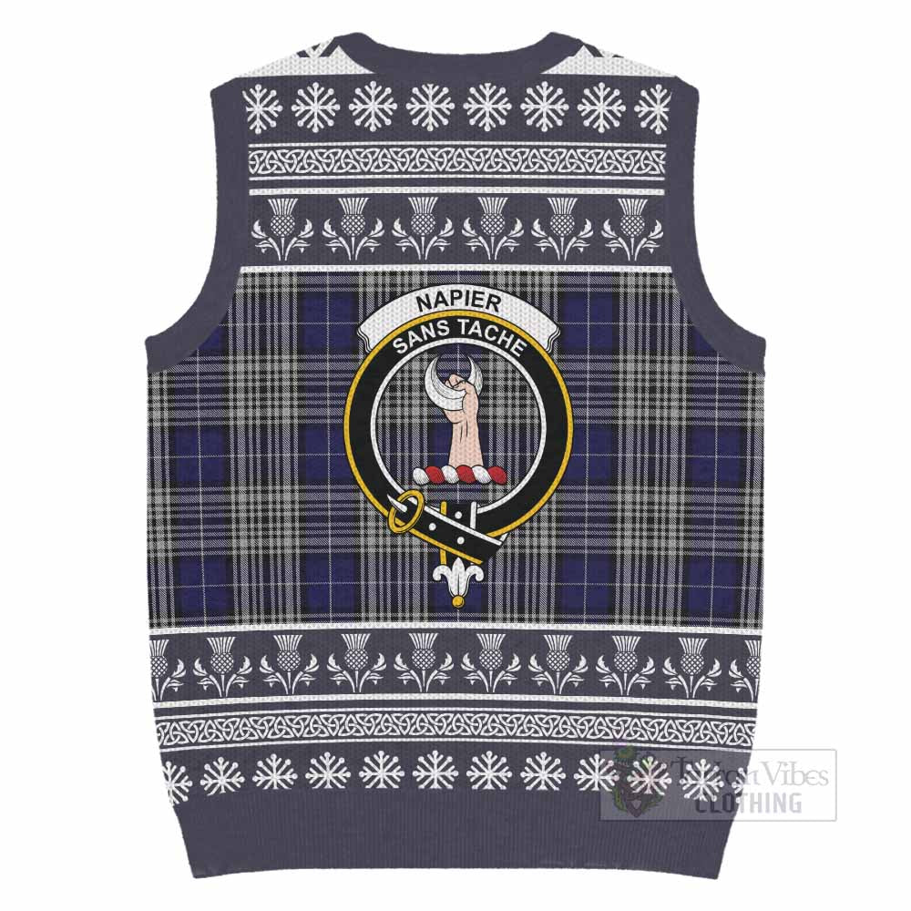 Napier Clan Tartan Christmas Knitted V-Neck Vest with Family Crest - Tartan Vibes Clothing