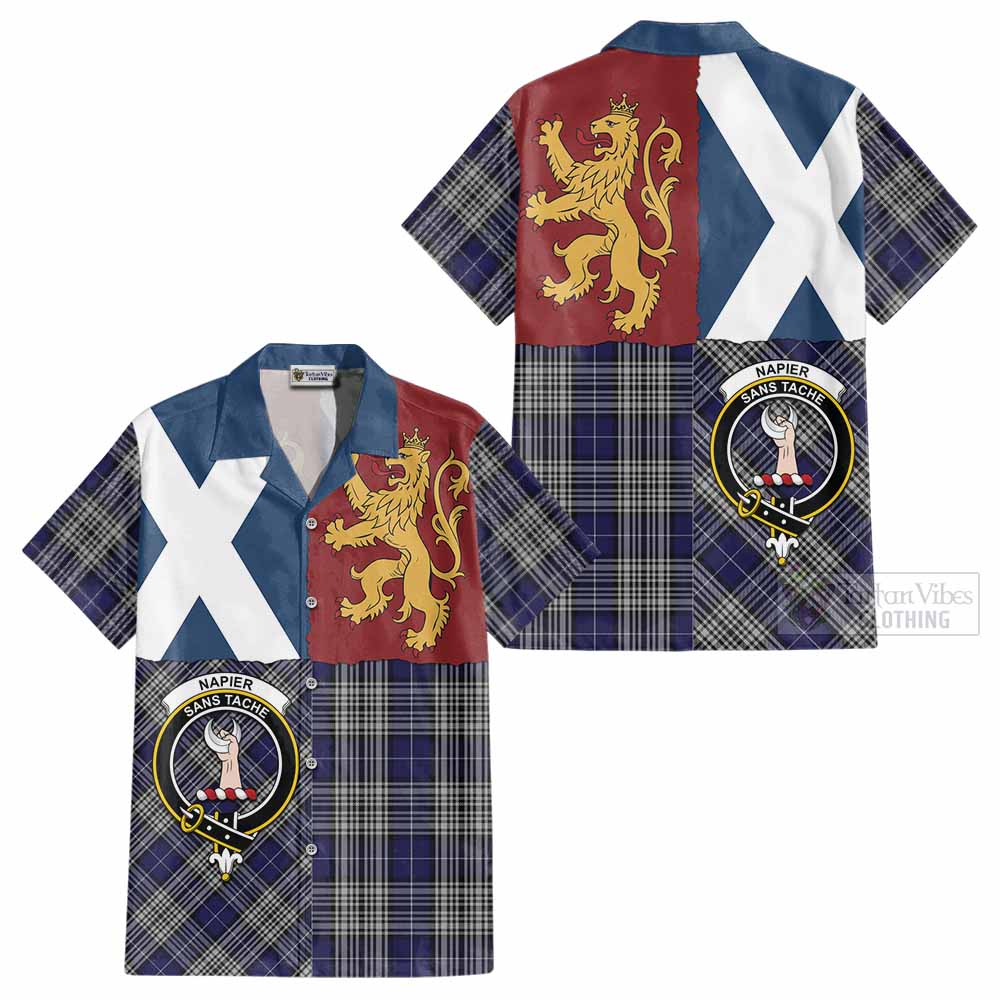 Napier Crest Tartan Cotton Hawaiian Shirt with Lion Rampant Saltire Style - Tartan Vibes Clothing
