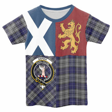 Napier Crest Tartan Kid T-shirt with Lion Rampant Saltire Style - Tartan Vibes Clothing