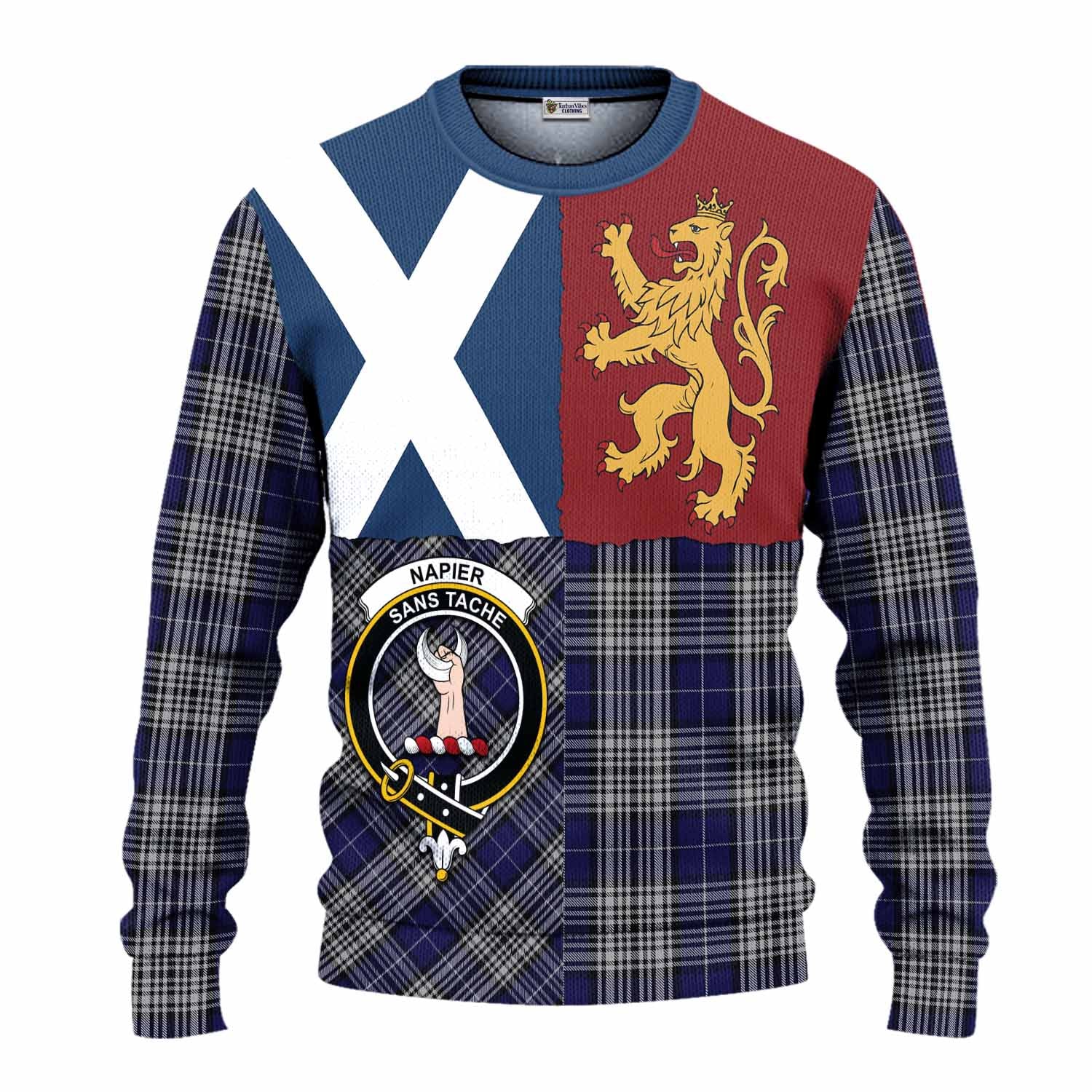 Napier Crest Tartan Knitted Sweater with Lion Rampant Saltire Style