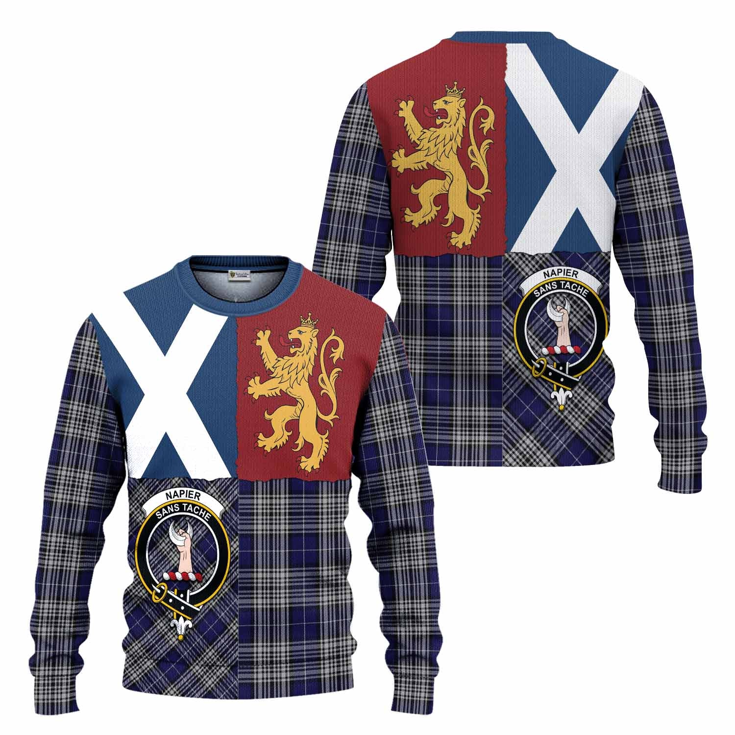 Napier Crest Tartan Knitted Sweater with Lion Rampant Saltire Style
