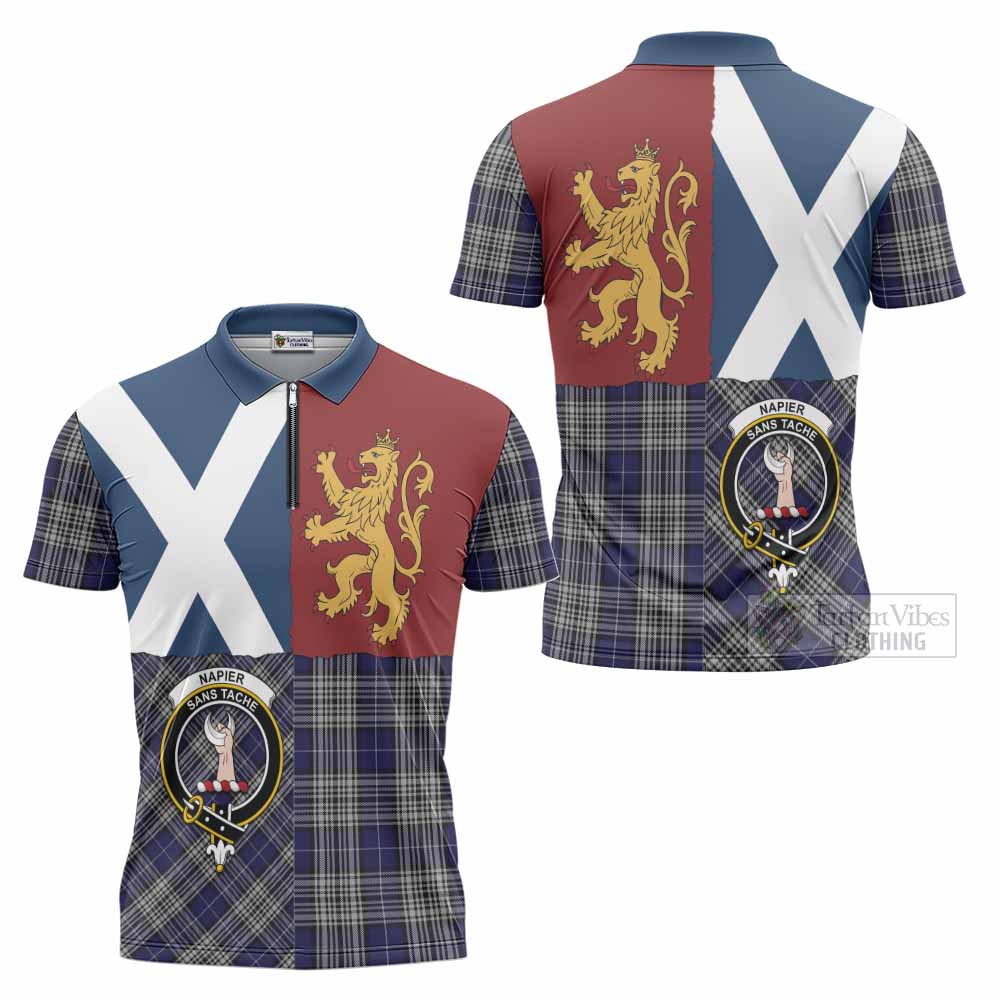 Napier Crest Tartan Zipper Polo Shirt with Lion Rampant Saltire Style