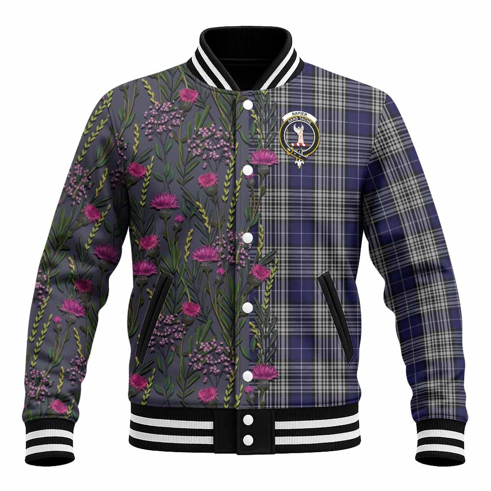 Napier Family Crest Tartan Baseball Jacket Scottish Thistle Flower Pattern Half Style - Tartan Vibes Clothing