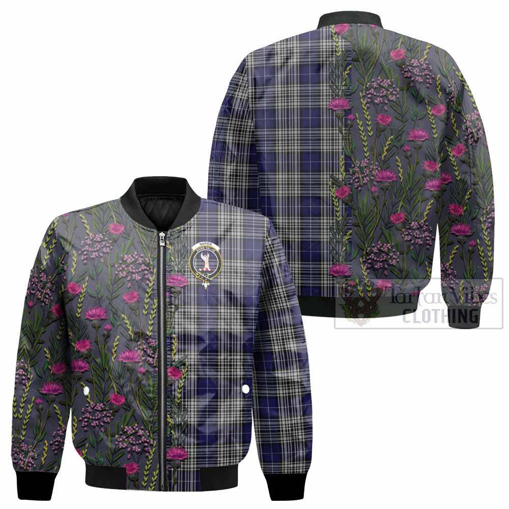 Napier Family Crest Tartan Bomber Jacket Scottish Thistle Flower Pattern Half Style - Tartan Vibes Clothing