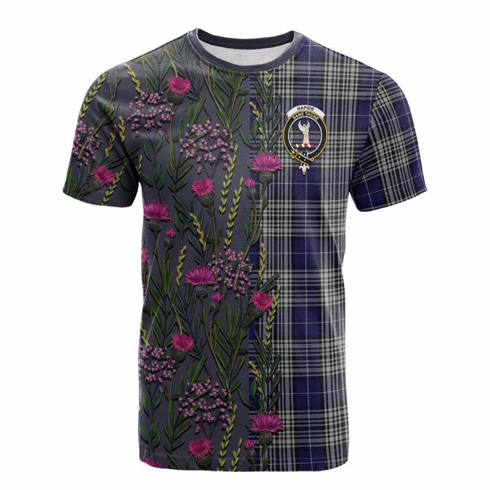 Napier Family Crest Tartan Cotton T-shirt Scottish Thistle Flower Pattern Half Style - Tartan Vibes Clothing
