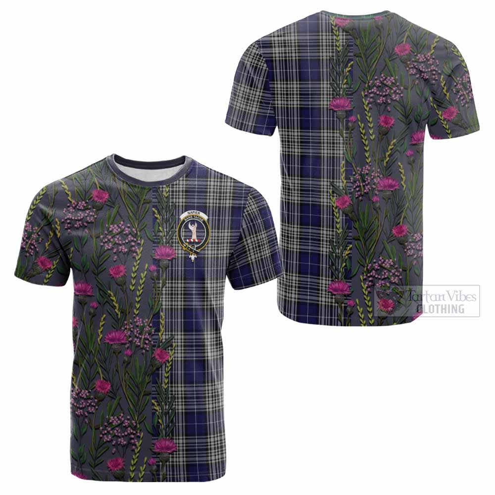 Napier Family Crest Tartan Cotton T-shirt Scottish Thistle Flower Pattern Half Style - Tartan Vibes Clothing