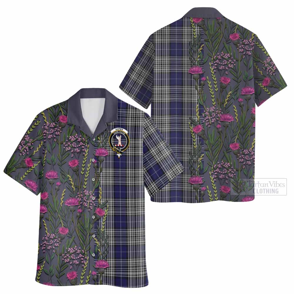 Napier Family Crest Tartan Hawaiian Shirt Scottish Thistle Flower Pattern Half Style - Tartan Vibes Clothing