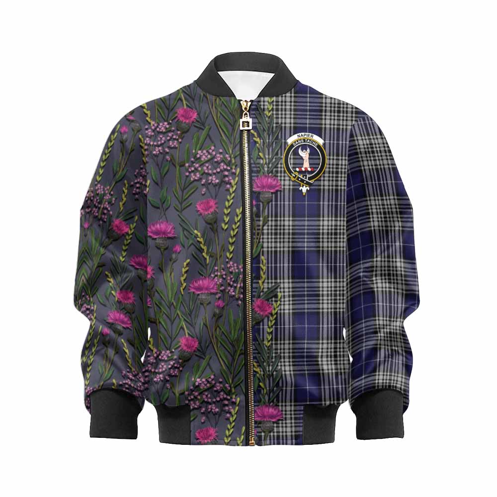 Napier Family Crest Tartan Kid Bomber Jacket Scottish Thistle Flower Pattern Half Style - Tartan Vibes Clothing