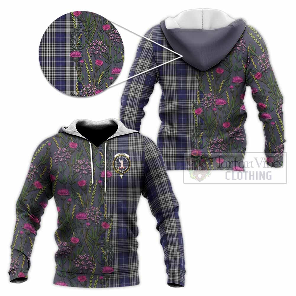 Napier Family Crest Tartan Knitted Hoodie Scottish Thistle Flower Pattern Half Style - Tartan Vibes Clothing