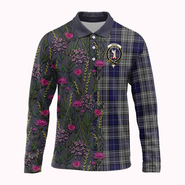 Napier Family Crest Tartan Long Sleeve Polo Shirt Scottish Thistle Flower Pattern Half Style