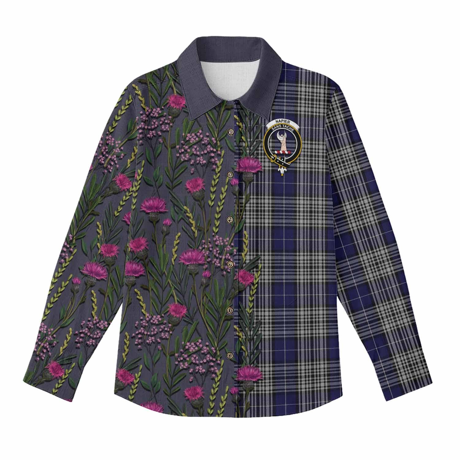 Napier Family Crest Tartan Women Casual Shirt Scottish Thistle Flower Pattern Half Style - Tartan Vibes Clothing