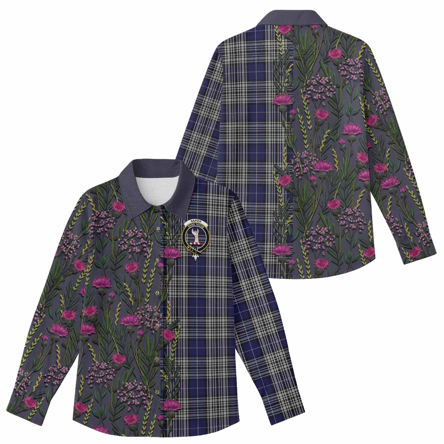 Napier Family Crest Tartan Women Casual Shirt Scottish Thistle Flower Pattern Half Style - Tartan Vibes Clothing