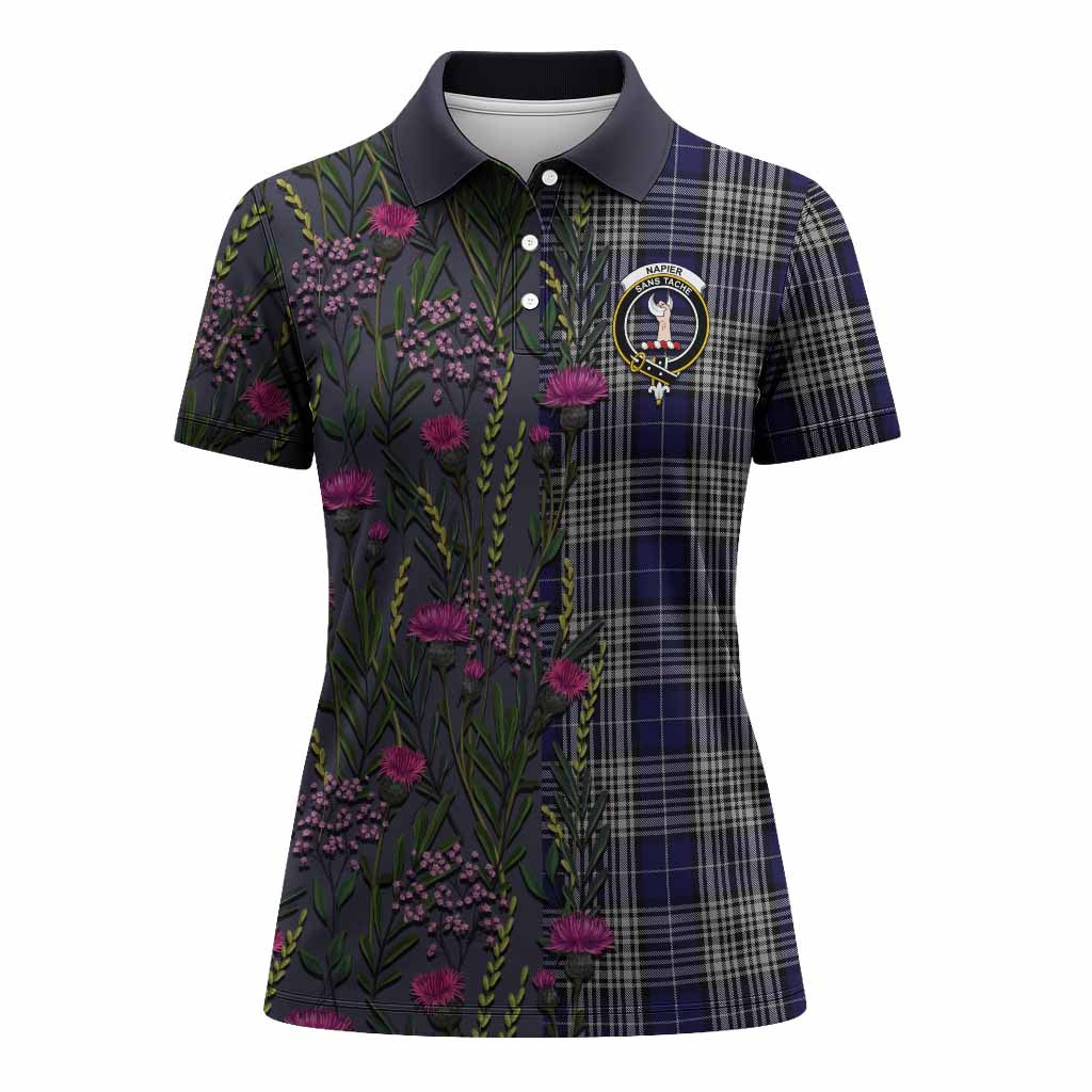 Napier Family Crest Tartan Women Polo Shirt Scottish Thistle Flower Pattern Half Style - Tartan Vibes Clothing