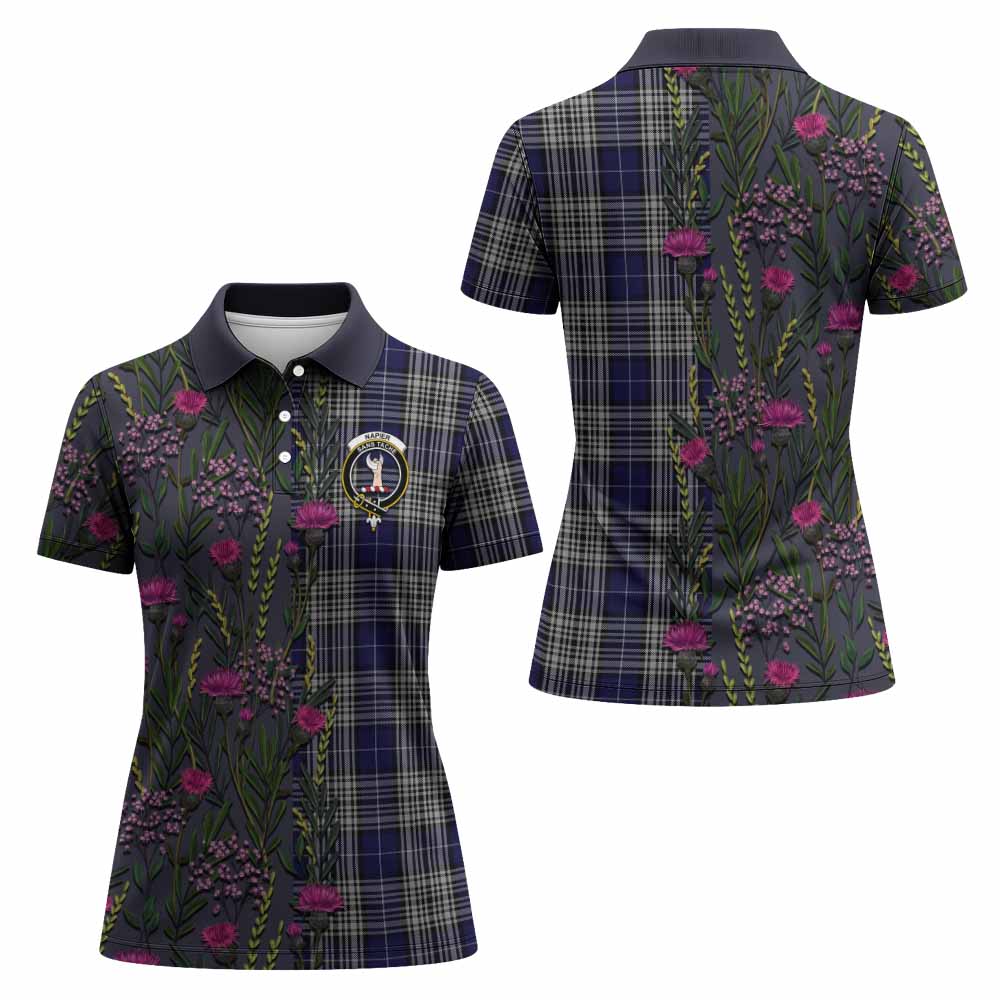 Napier Family Crest Tartan Women Polo Shirt Scottish Thistle Flower Pattern Half Style - Tartan Vibes Clothing