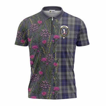 Napier Family Crest Tartan Zipper Polo Shirt Scottish Thistle Flower Pattern Half Style