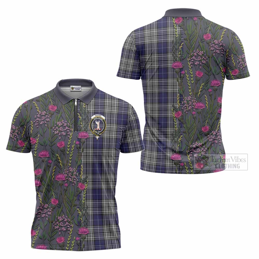 Napier Family Crest Tartan Zipper Polo Shirt Scottish Thistle Flower Pattern Half Style - Tartan Vibes Clothing