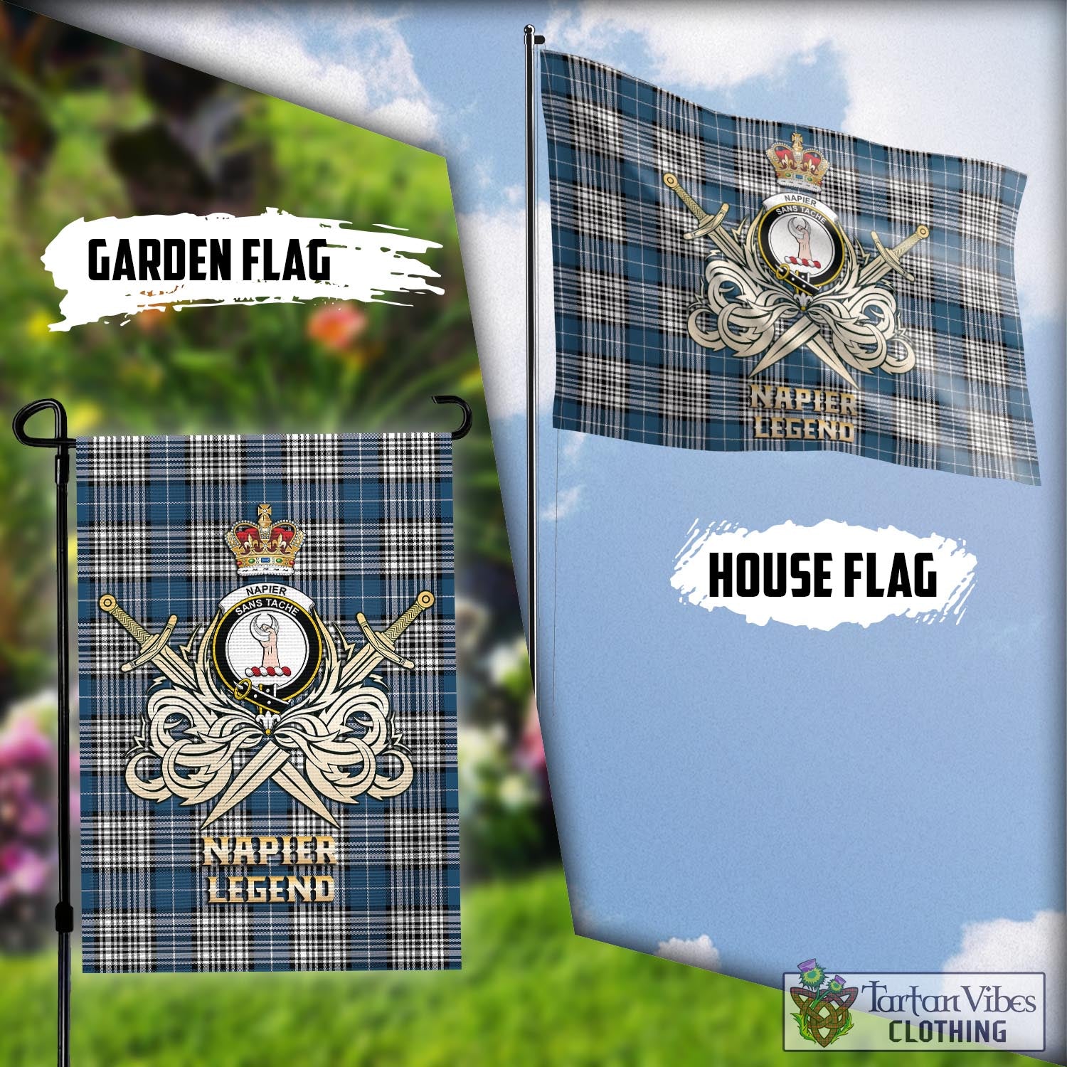 Tartan Vibes Clothing Napier Modern Tartan Flag with Clan Crest and the Golden Sword of Courageous Legacy