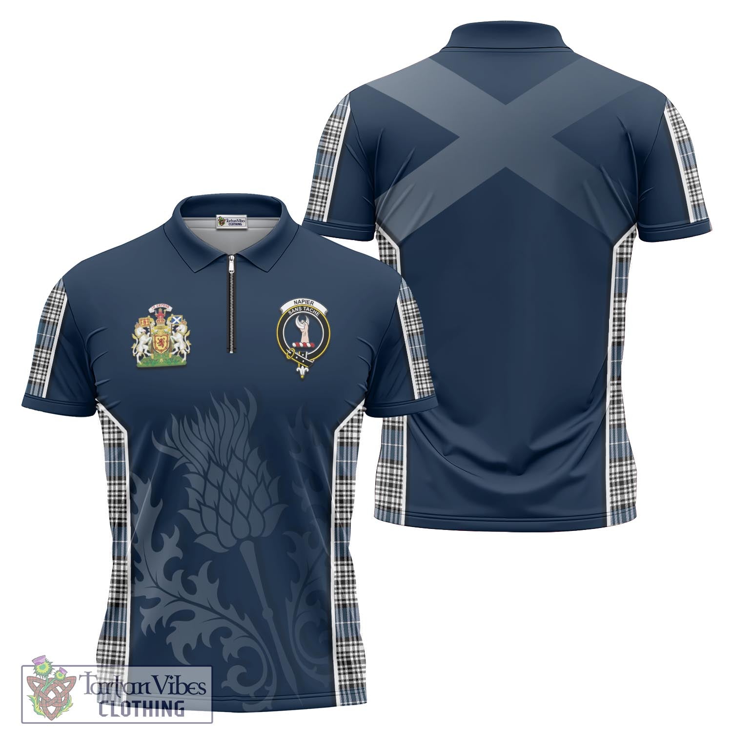 Tartan Vibes Clothing Napier Modern Tartan Zipper Polo Shirt with Family Crest and Scottish Thistle Vibes Sport Style