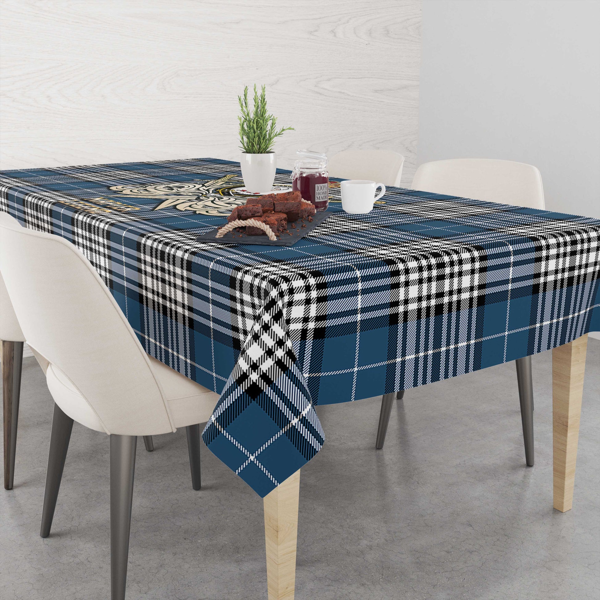 Tartan Vibes Clothing Napier Modern Tartan Tablecloth with Clan Crest and the Golden Sword of Courageous Legacy
