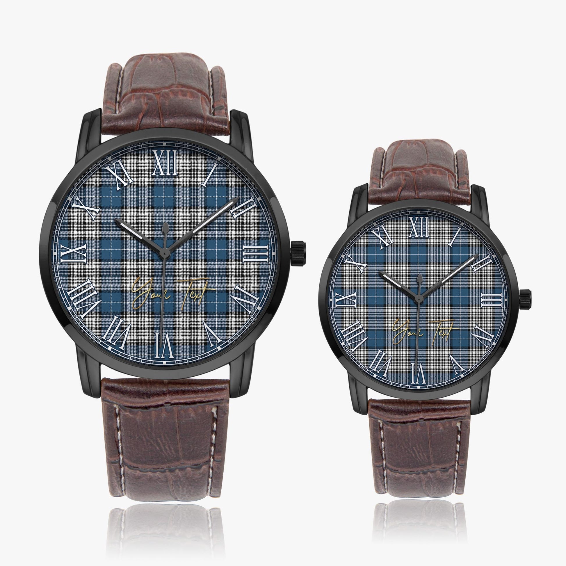 Napier Modern Tartan Personalized Your Text Leather Trap Quartz Watch Wide Type Black Case With Brown Leather Strap - Tartanvibesclothing