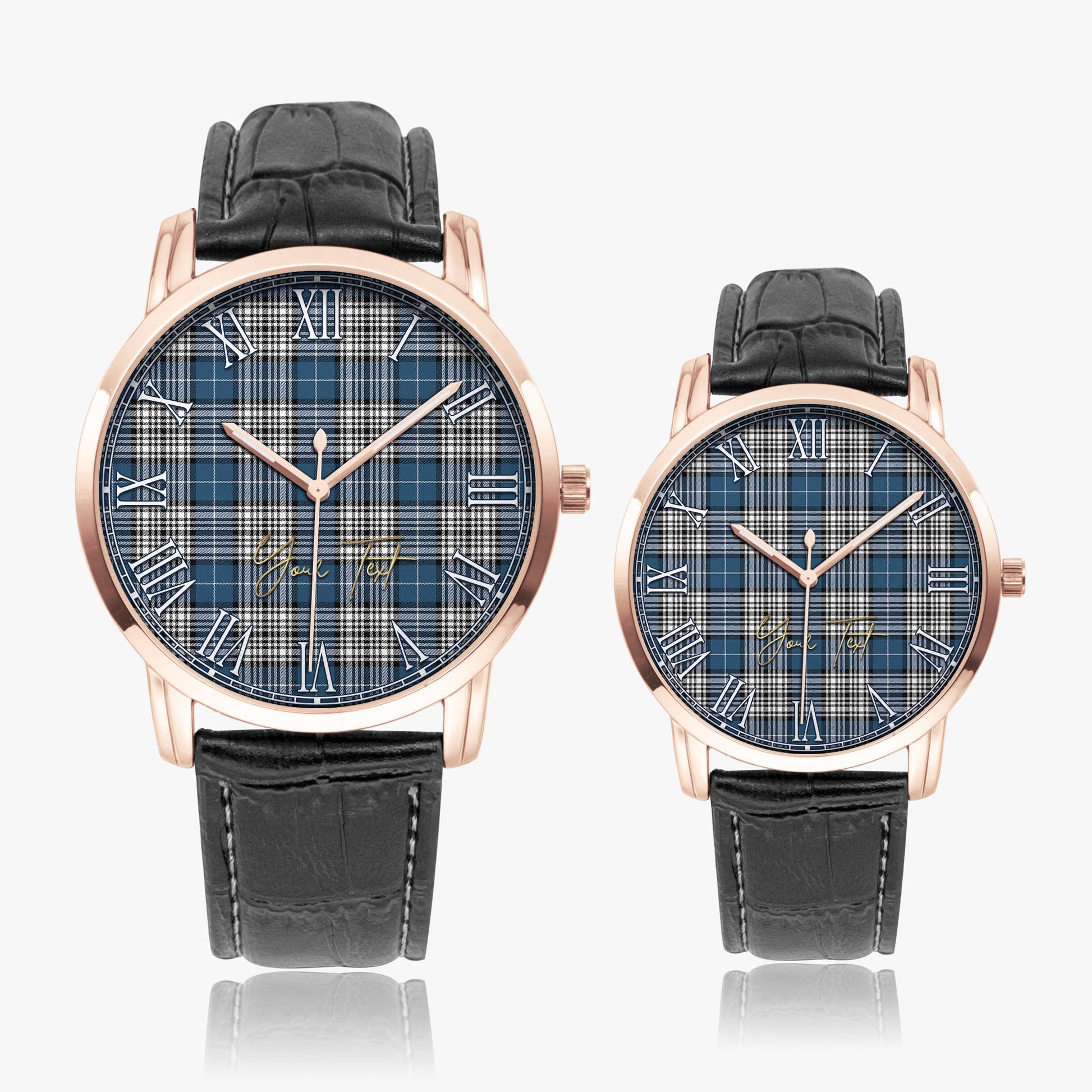 Napier Modern Tartan Personalized Your Text Leather Trap Quartz Watch Wide Type Rose Gold Case With Black Leather Strap - Tartanvibesclothing