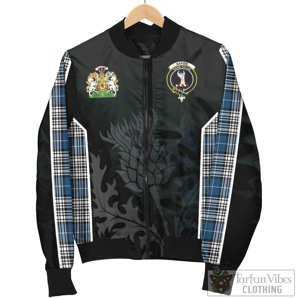 Tartan Vibes Clothing Napier Modern Tartan Bomber Jacket with Family Crest and Scottish Thistle Vibes Sport Style