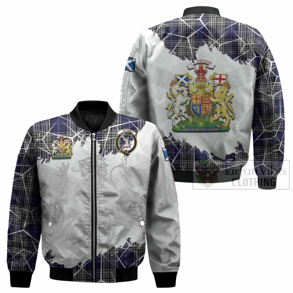 Napier Tartan Bomber Jacket with Family Crest and Lion Rampant Grunge Style