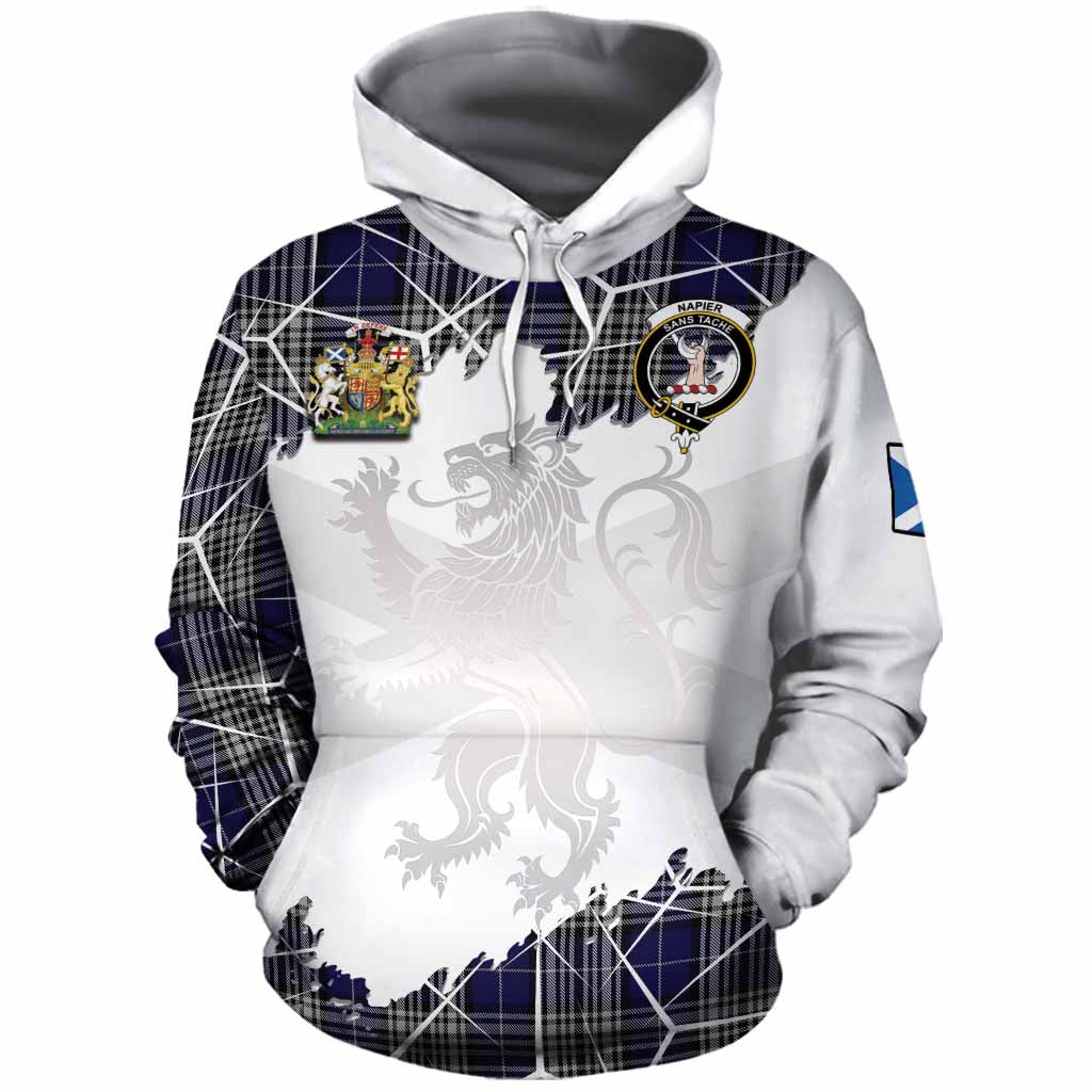 Napier Tartan Cotton Hoodie with Family Crest and Lion Rampant Grunge Style