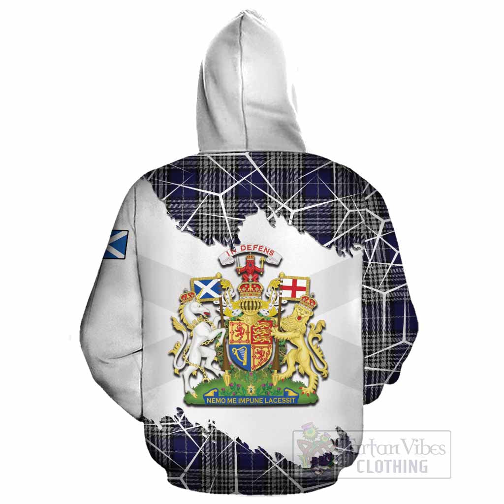 Napier Tartan Cotton Hoodie with Family Crest and Lion Rampant Grunge Style