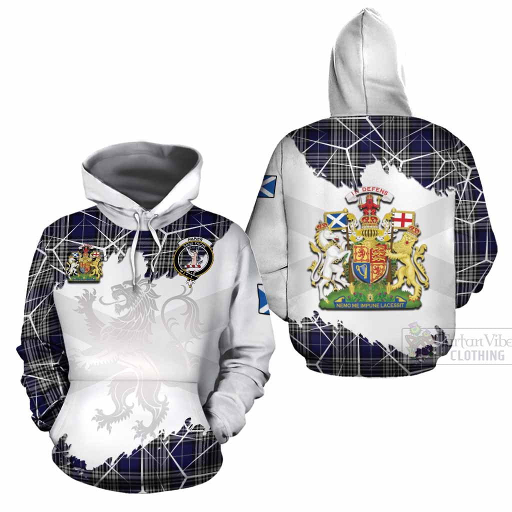 Napier Tartan Cotton Hoodie with Family Crest and Lion Rampant Grunge Style